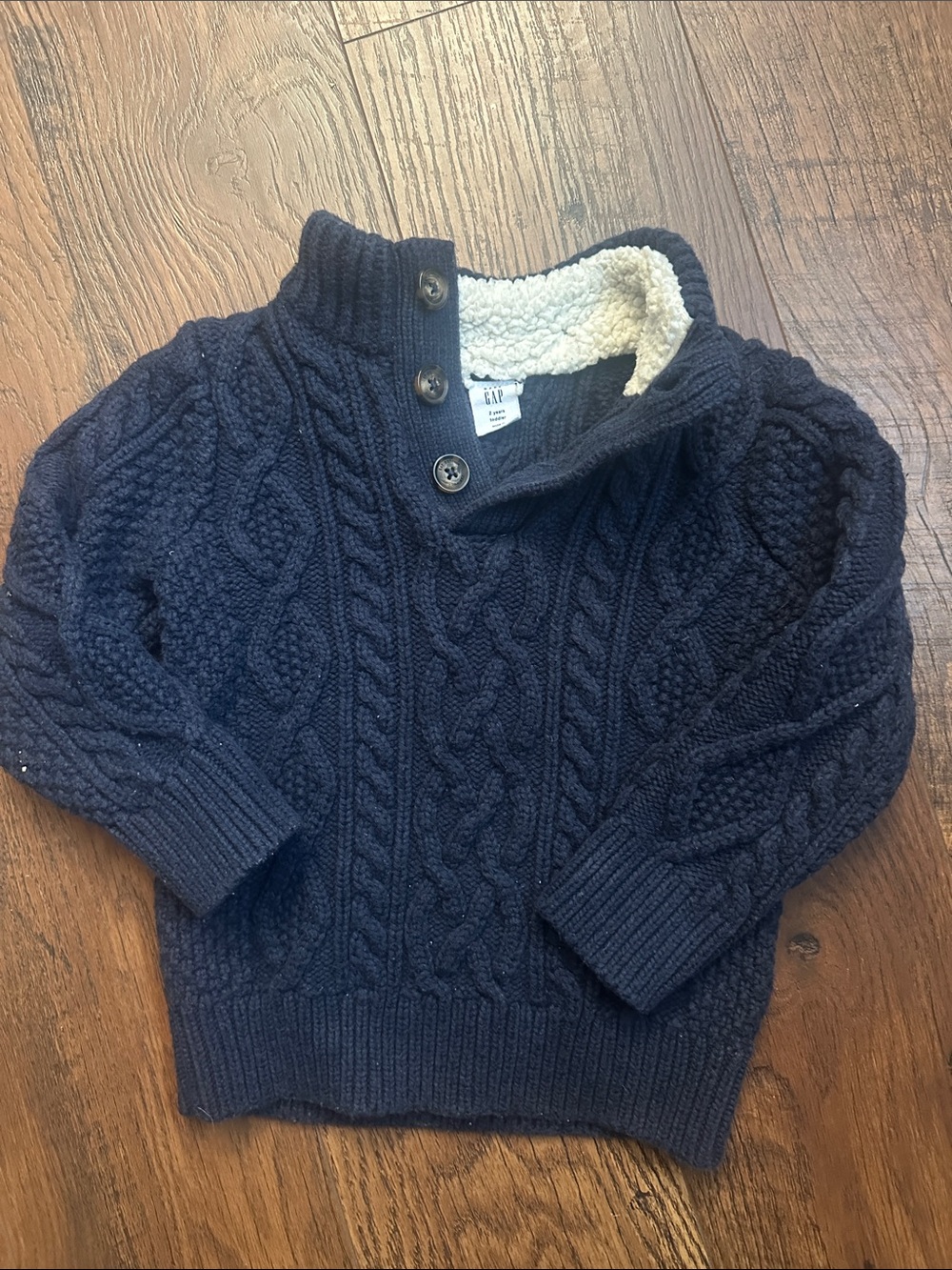 GAP Navy Cable-Knit Turtleneck Sweater with Sherpa Lining